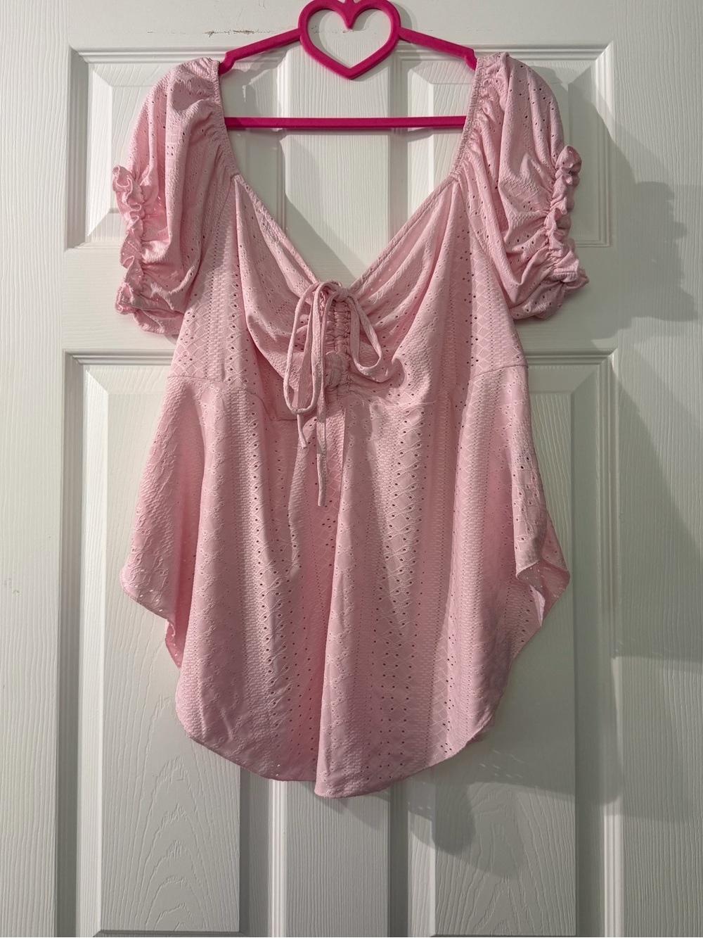 SHEIN Pink Eyelet Tie-Front Puff Sleeve Blouse Size 2XL